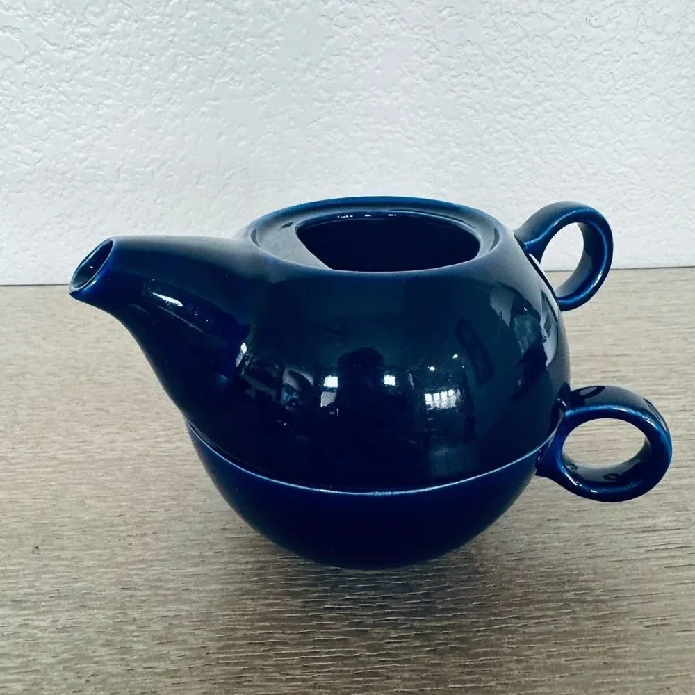 Navy Blue Japanese Glazed Ceramic Tea Mug Cup Stacked Set